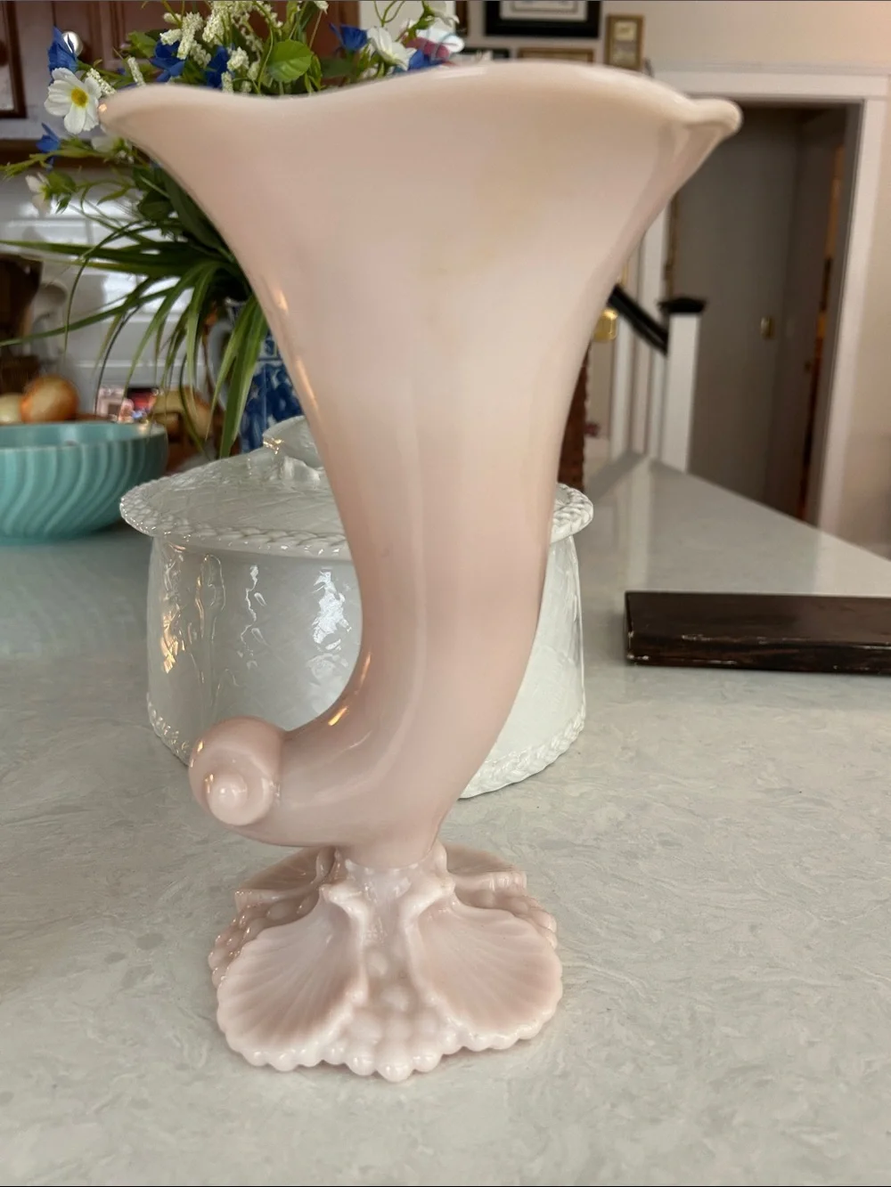 Elegant Pink Milk Glass Cornucopia Vase by